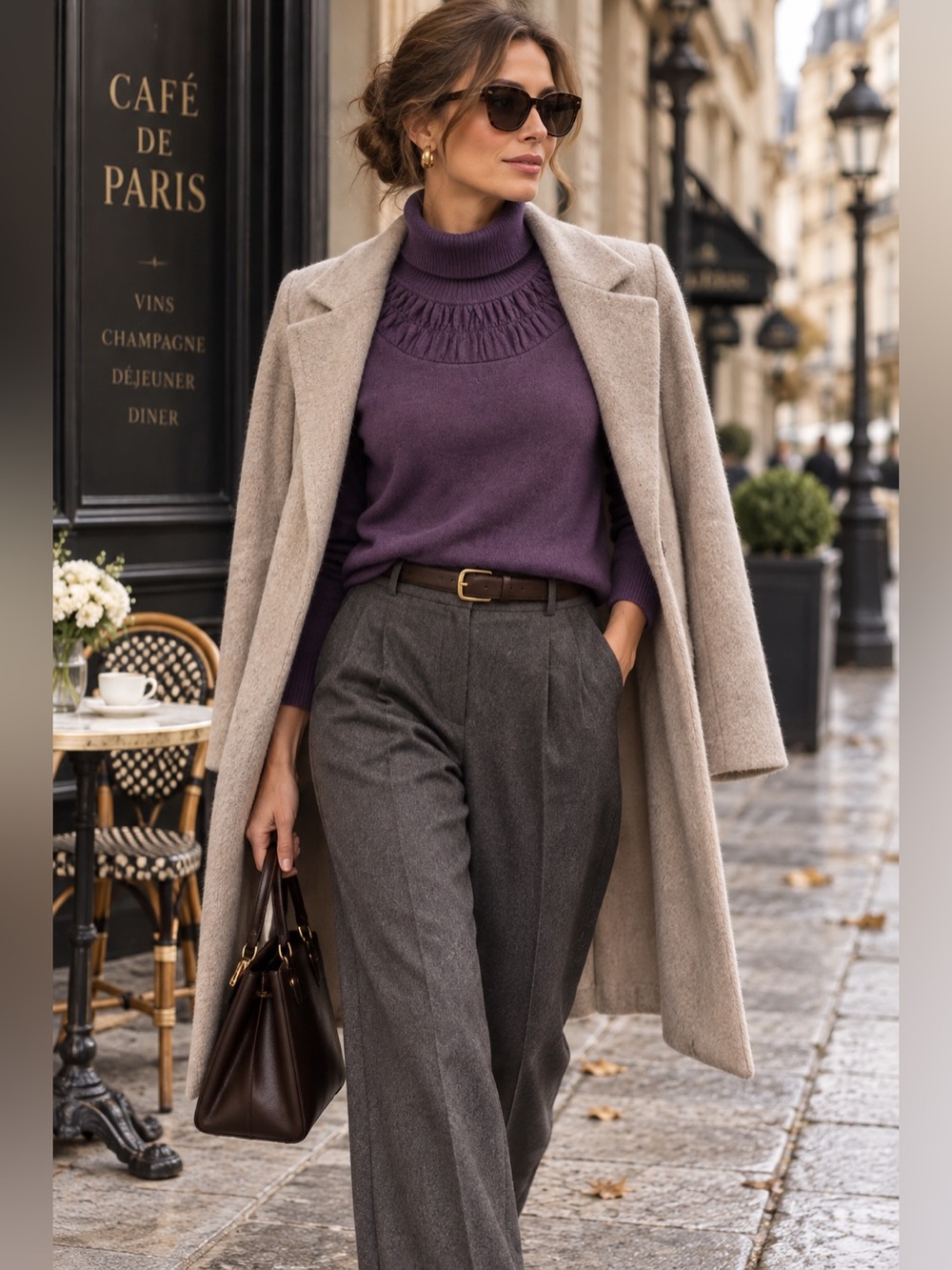 Kenar Deep Plum (Purple)Cable-Yoke Turtleneck Sweater Merino Wool